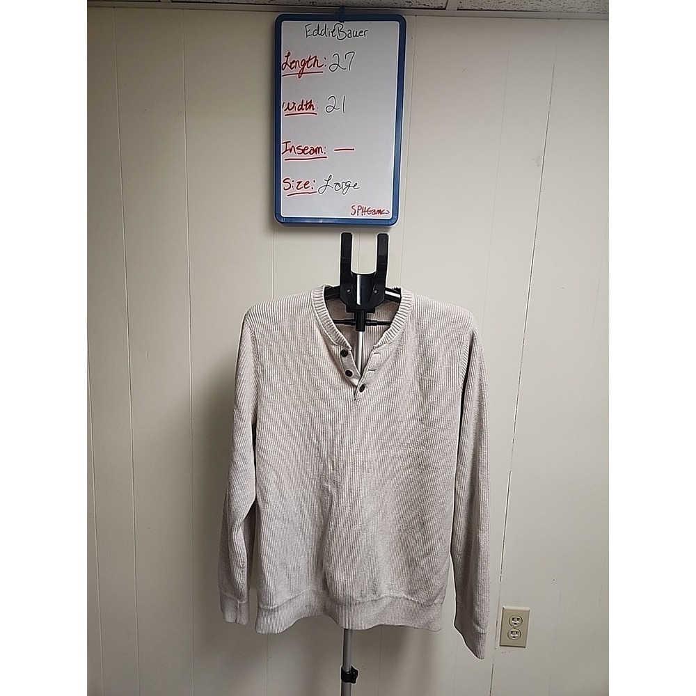 VTG EDDIE BAUER 2-BUTTON‎ FISHERMAN HENLEY CREAM IVORY KNIT MENS LARGE L SWEATER